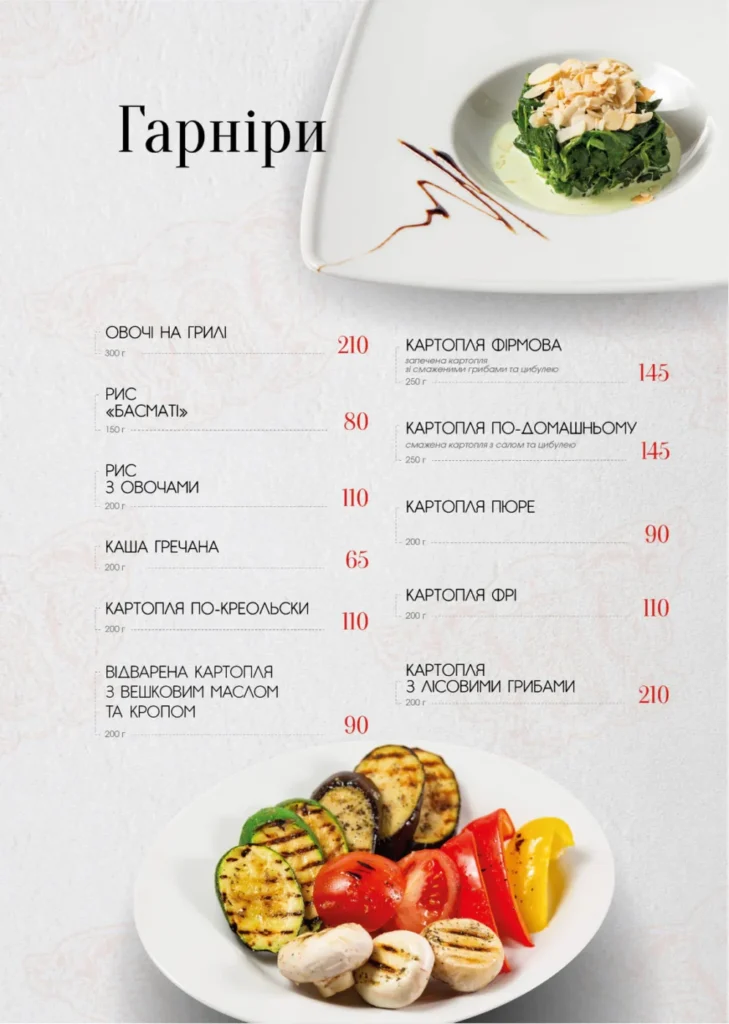 Меню - Ресторан «Альпийский Дворик» г. Харьков