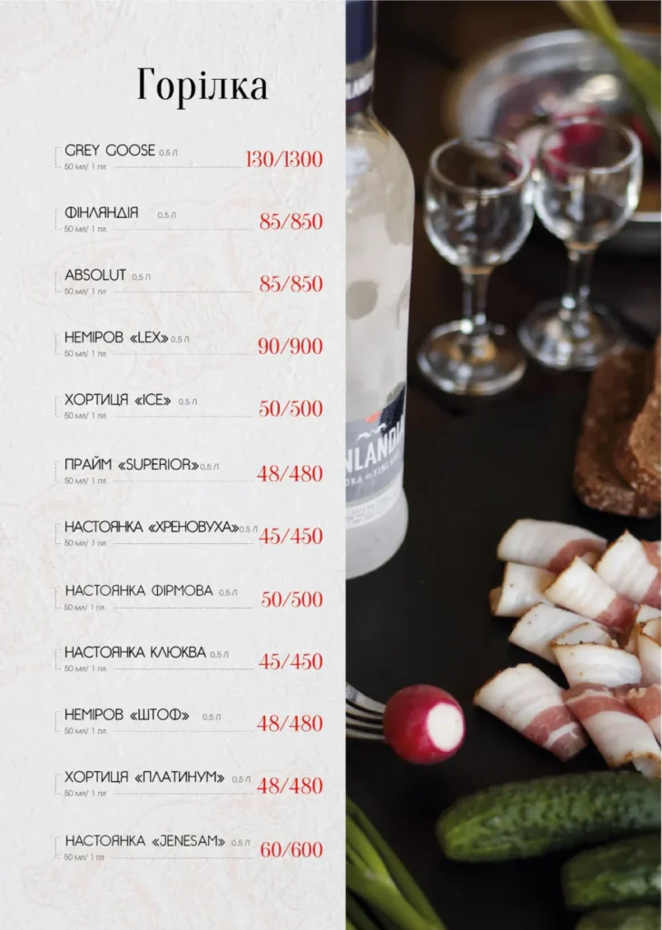 Меню - Ресторан «Альпийский Дворик» г. Харьков